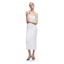 Koton Astarlı Slim Fit Midi Boy İnce Askılı Dantelli Elbise Ekru 5sak80470ek