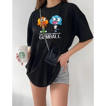 Kadın Bisiklet Yaka Baskılı Oversize T-shirt - Siyah 001