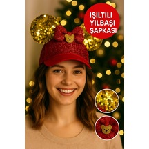 Işıltılı Kırmızı Payetli Yılbaşı Şapkası Altın Kulaklı, Kurdele Ve Ayıcık Figürlü Parti Aksesuarı