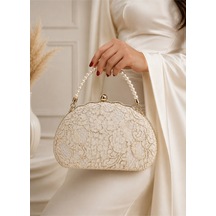 Famels İstiridye Çanta /fransız Dantelli Çanta /şık Ve Kaliteli Gelin Çantası Nikah Çantası Abiye Çanta Bej
