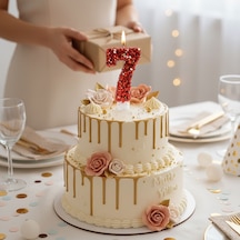 Turuncu Simli Pasta Mumu Doğum Günü Mum 7 Yaş