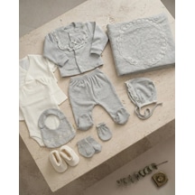 Nehad Bebe Alt Üst Takım Unisex Gri Kadife Fiyonklu 10 Parça Bebek Kışlık