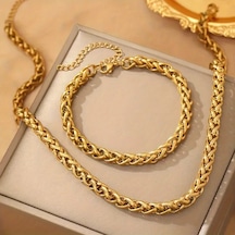 Gold Spiga Model Kalın Burgu Çelik Kolye Ve Bileklik Set 4mm Gold