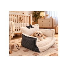 Peluş Fiyonklu Kedi Ve Köpek Koltuğu Tamamen Fermuarlı Çıkarılabilir İç Minder Boncuk Elyaf Kaydırmaz Taban Kedi Ve Köpek Yatağı Beyaz Peluş Gri - 939595052