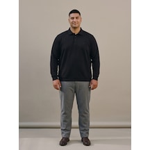 Maccali Erkek Siyah Büyük Beden Polo Yaka Battal Sweatshirt
