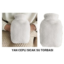 Sıcak Su Torbası Yan Cepli Beyaz Peluş Termofor 27x17x2cm 750ml