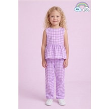 My Kids Wear Kız Çocuk Pötikareli Peplum Bluz Ve Pantolon Takımı 12694 Lila