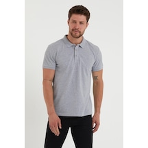 Erkek Regular Fit Polo Yaka Nakışlı T-shirt Gri Melanj