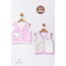 Babyden's 2 Li Kız Bebek Yelek Seti ,jakarlı Kalp Desenli,pamuklu,çıtçıtlı Bebek Yeleği Fil Baskılı,mevsimlik Ekru - Pembe