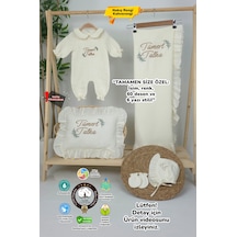 Gros Shop Müslin Yeni Doğan 4katlı Organik %100pamuk Kişiye Özgü Nakışlı Hastane Çıkış Seti İki Dallı Model-2 Ekru-2