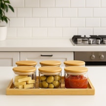 6 Borosilikat Cam Kahvaltılık Bambu Tepsili -bambu Kapaklı Kahvaltilik- 90 X 70 Mm Beyaz