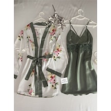 Mh Moony Homewears Saten Yeşil Elmas Gecelik Sabahlık Seti Yeşil