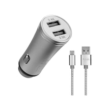 Hy-x62 3.4a Hızlı Şarj Micro Usb Kablolu 2 Usb Metal Araç Şarj Cihazı, Gümüş