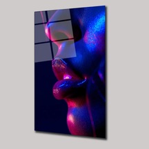 Neon Kadın Yüz Detayı Cam Tablo Neon Işıklı Modern Portre 50x70