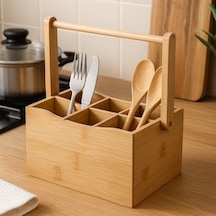 Bambu Taşıma Kulplu Çok Amaçlı Düzenleyici - 6 Bölmeli Çatal Bıçaklık Ofis, Banyo Ve Masaüstü Caddy Organizer 21.6x14x12.7 Cm Abanoz
