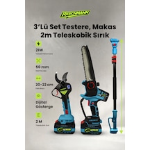 R-9108-9908-sırık 3lü Set Şarjlı Testere Ve Budama Makası Ve 2 Metre Teleskobik Uzatma Kolu 21v - 3.0 Ah - Dijital Göstergeli