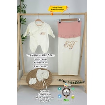 Gros Shop Müslin Yeni Doğan 4katlı Organik %100pamuk Kişiye Özgü Nakışlı Hastane Çıkış Seti Papatya Model-7 Ekru-2