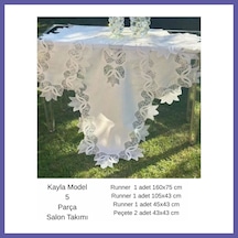 Bezos Salon Takımı 5 Parça Keten Masa Örtüsü Runner Seti Çeyizlik Kayla Model No 22252 Krem-gümüş Nıda