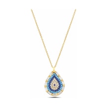 Çekirdekjewelry 925 Ayar Gümüş Damla Nazar Kolye Taşlı Baget Çerçeveli Altın Kaplama Zarif Kadın Kolyesi Sarı