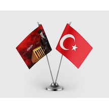 Mustafa Kemal Atatürk Ve Türk Bayrağı İkili Saten Masa Bayrağı Takımı Diğer