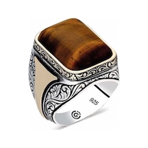 Gümüş Kaplan Gözü Kare Erkek Yüzük - 555895180