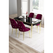 Canisa Tia Serisi 80x132 Açılabilir Mdf Siyah Mermer Desen Gold Detay Masa Takımı Ve 4 Mürdüm Sandalye Masa Siyah Mermer Desen Sandalye Mürdüm