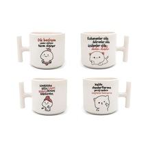 4'lü Moci Cat Baskılı - T Kulp Kupa Beyaz