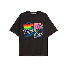 Kalic Studio Nyan Nyan Cat Oversize Unisex T-shirt Siyah Ekru
