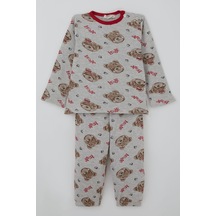 Breeze Kız Bebek Pijama Takımı Sevgi Temalı Fiyonklu Ayıcık Desenli 9 Ay-3 Yaş, Açık Gri Melanj Açık Gri Melanj