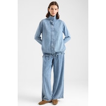 Olcay Büzgü Detaylı Soft Denim Ceket Pantolon İkili Takım Mavi 9472-tk