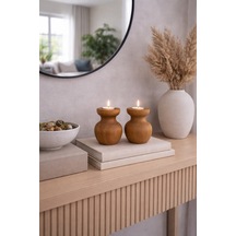 2 Li Büyük Nar Model Tealight Ahşap Şamdan Seti Dekoratif Şamdan