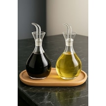 Reoona 2 Adet Borosilikat Tombul Düz Cam Yağdanlık Yağlık Ve Sirkelik Seti 900 Ml+900 Ml Bambu Standlı Şeffaf - Şeffaf