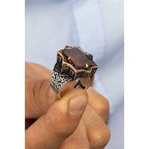 Kırmızı Zirkon Taşlı Yıldız Motif Gümüş Erkek Yüzük -8428 Gümüş