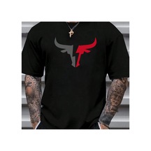 Caddemia Yaz Rahat Rahat Gevşek Kesim Artı Boyutu Boğa Desenli Baskı Spor Yuvarlak Siyah 2XL