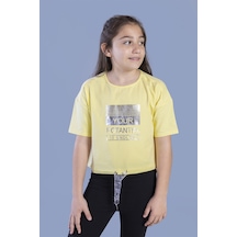 Toontoy Kids Toontoy Kız Çocuk Crop Model Kordon Detaylı Varak Baskılı Tişört Sarı