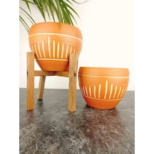 BİTKİ TASARIMI EV DEKORASYON DİK ÇİZGİ DESENLİ TERRAKOTA TOPRAK SAKSI SAKSILIK SALON ÇİÇEKLİK İKİLİ SET AYAKSIZ - 4 AYAKLI- 15 CM