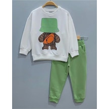 Şapkalı Ayıcık Desenli Unisex Eşofman Takımı Yeşil