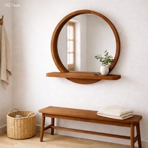 30x30 Cm Raflı Masif Kayın Ağacı Yuvarlak Ayna İskandinav Tarzı Antre Ve Banyo Aynası Tik Ahşap