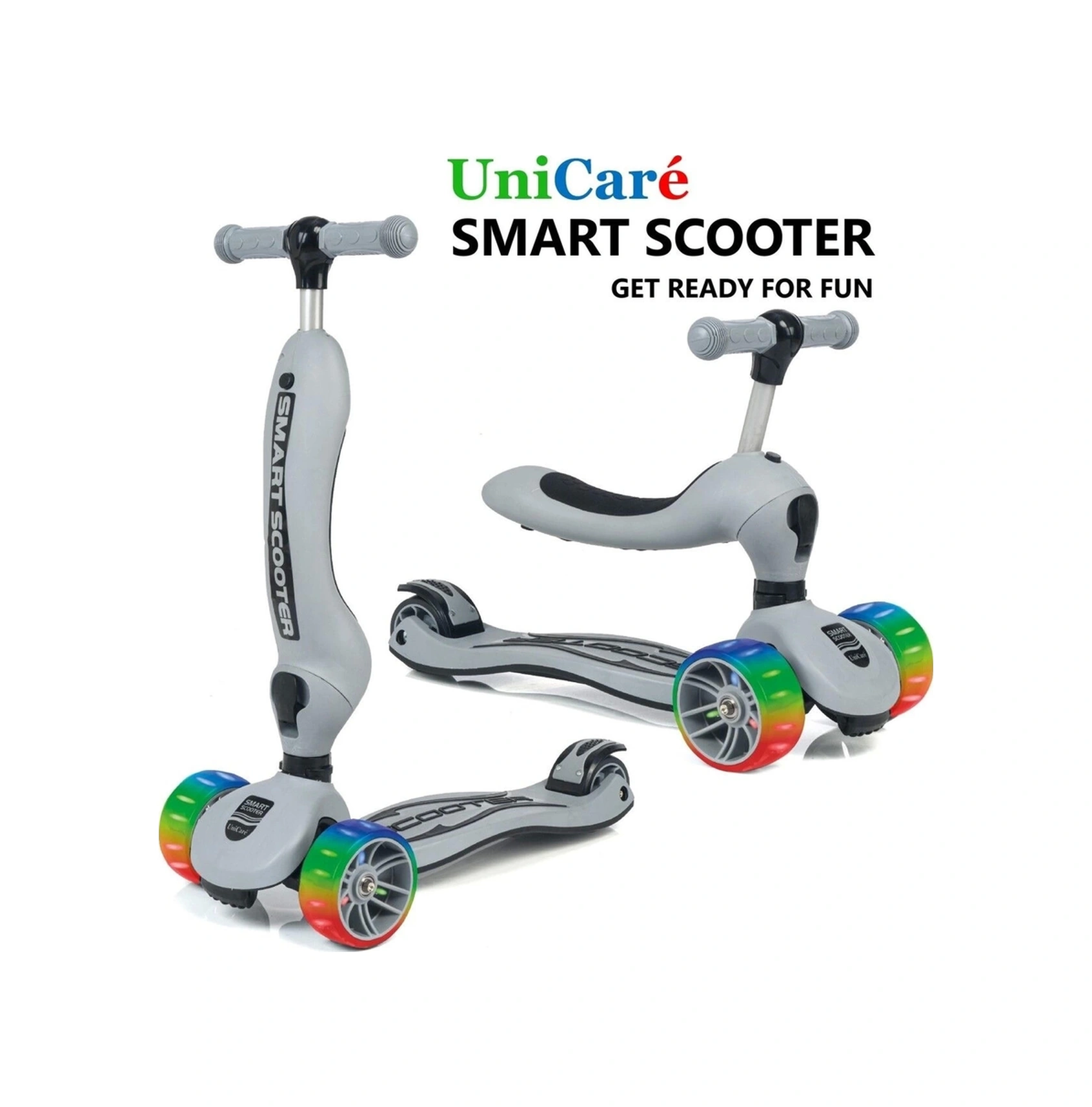 Smart Oturaklı Çocuk Scooter 3 Tekerlekli Led Işıklı Scooter Yükseklik Ayarlı - Gri Gri
