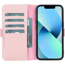 Apple Uyumlu iPhone 13 Deri Cüzdanlı Kılıf Toz Pembe