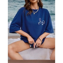 Kozia Outdoors Malkoçbey Küçük Tavşan Detaylı Basic Oversize Unisex T-şhirt Mavi Mavi