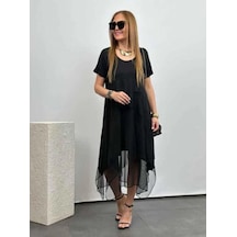 DefyModa Kadın Kısa Kollu Yuvarlak Tüllü Asimetrik Detaylı Viskon Elbise Siyah