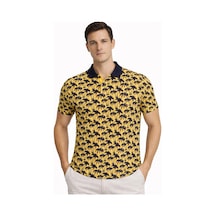 Barlashive Erkek Pike Kumaş Polo Yaka Palmiye Desenli Tişört Kısa Kol Yazlık T-shirt - Sarı Çok Renkli