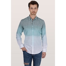 Panolu Yeşil Beyaz Geçişli Slimfit Keten Erkek Gömlek Yeşil