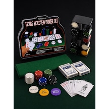 Profesyonel Texas Poker Seti 200 Chip - 2 Deste İskambil Kart - Keçe Masa Örtüsü - Metal Kutu