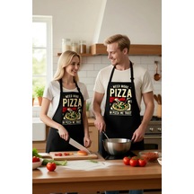 Unisex Mutfak Önlüğü Pizza Baskılı Retro Tasarım Dijital Baskı Ra Siyah