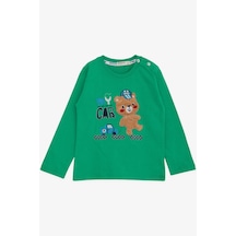 Breeze Erkek Bebek Uzun Kollu Tişört Ayıcık Baskılı Yazı Nakışlı 9 Ay-3 Yaş, Yeşil