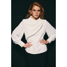 Sateen Ön Aksesuarlı Bluz - Ekru-136743 Ekru