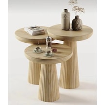 Wood Wooden 3 Lü Set Fitilli Mantar Yan Sehpa Modern Ahşap Renk Vernikli Fiskos Ahşap