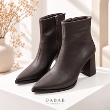 Dabab Shoes Yona Kadın Acı Kahve Cilt Sivri Burun Ön Dikiş Detaylı Fermuarlı İçi Sıcak Astarlı 7 Cm Kalın Topuklu Bot Bootie Kahverengi